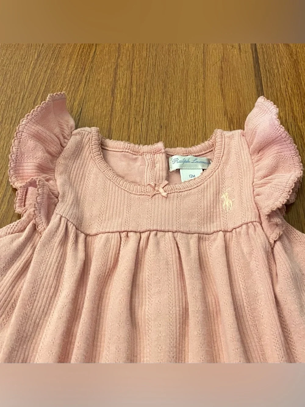 Ralph Lauren Pink Pointelle Knit Cotton Flutter Sleeve Dress
